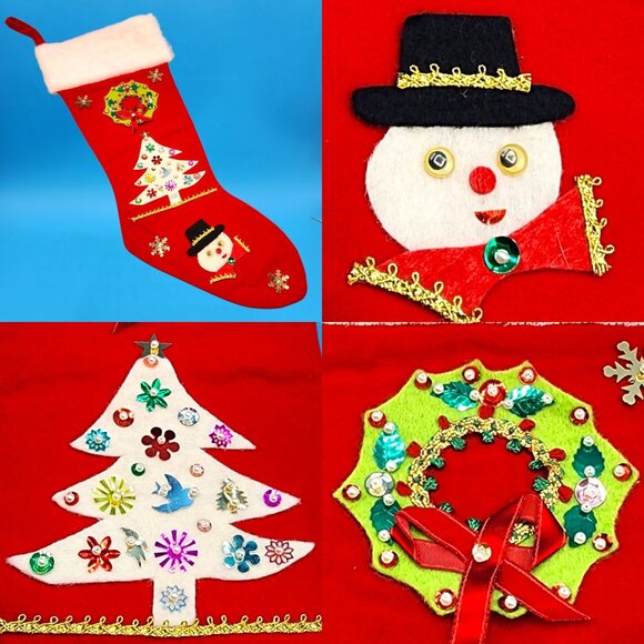 Vintage 1960s Felt Stockings Angel Snowman Wreath Faux Fur Sequins Beads Set - Picture 7 of 10